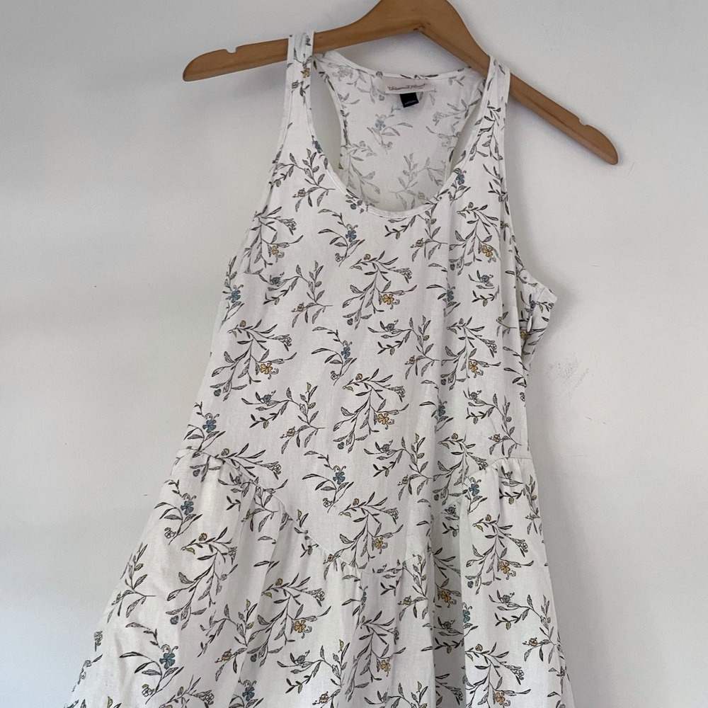 White Floral Linen Blend Cottagecore Midi Dress Small Flowy Romantic Folk